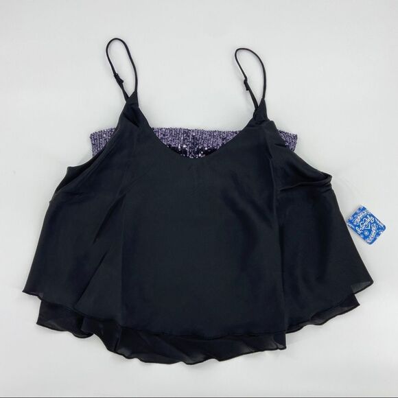 Free People Turn It On Sequin Halter Satin Camisole Tank Top Black Small - Picture 4 of 13